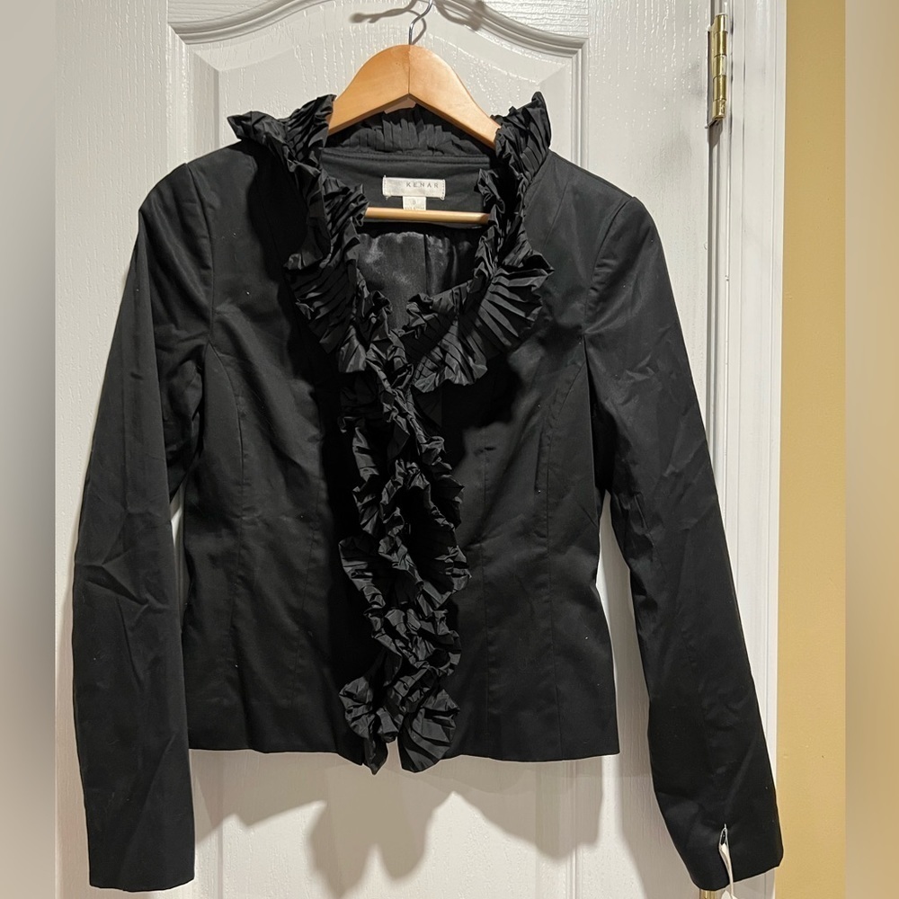 KENAR Dressy Evening Blazer Jacket small Black Pleated Ruffle Neck